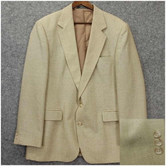 USA Made Sport Coat Blazer Men 40R S Oatmeal Slub Plain Wool Light Jacket HAGGAR